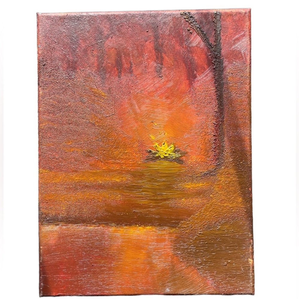 Fireside oil painting 12x9” folkart